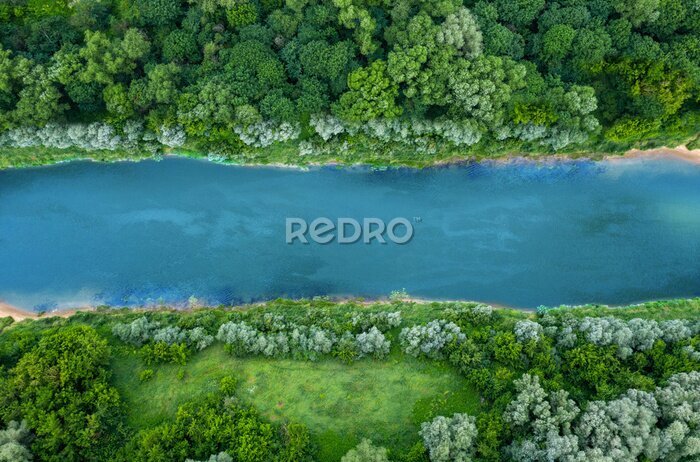 Papier peint  Rivière au milieu d'une forêt verdoyante vue du ciel