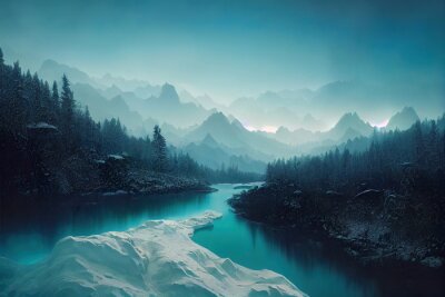 Papier peint  Rivière bleue dans les montagnes enneigées d'hiver