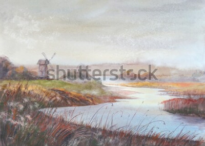 Papier peint  Rivière et champs de style vintage