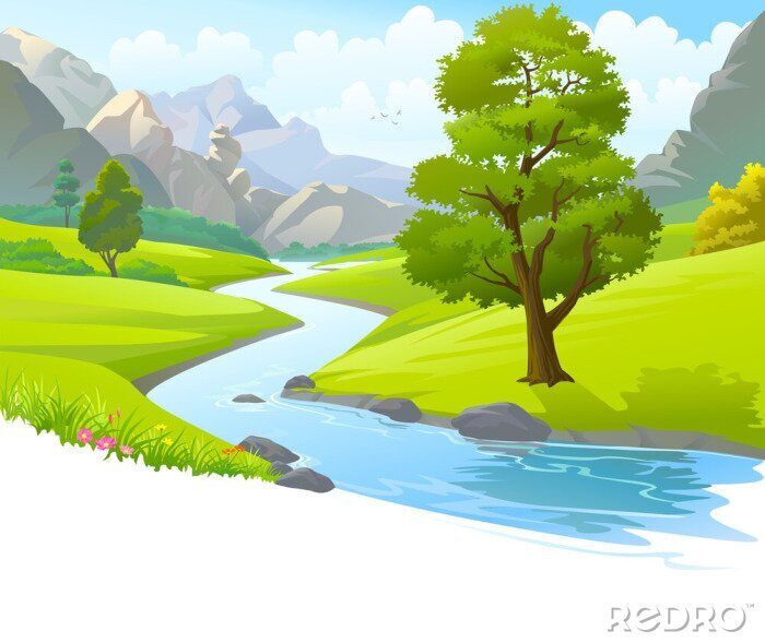 Papier peint  Rivière qui coule à travers les montagnes et les champs verdoyants