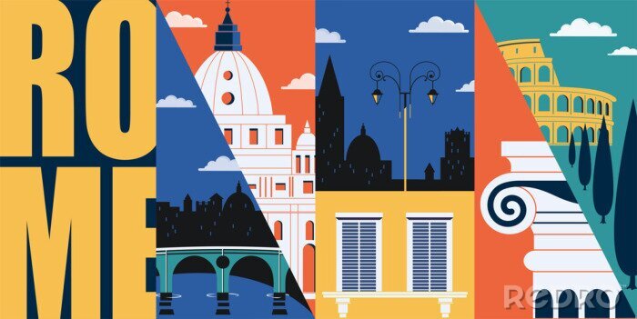 Papier peint  Rome, Italy vector banner, illustration. City skyline, historical buildings in modern flat design