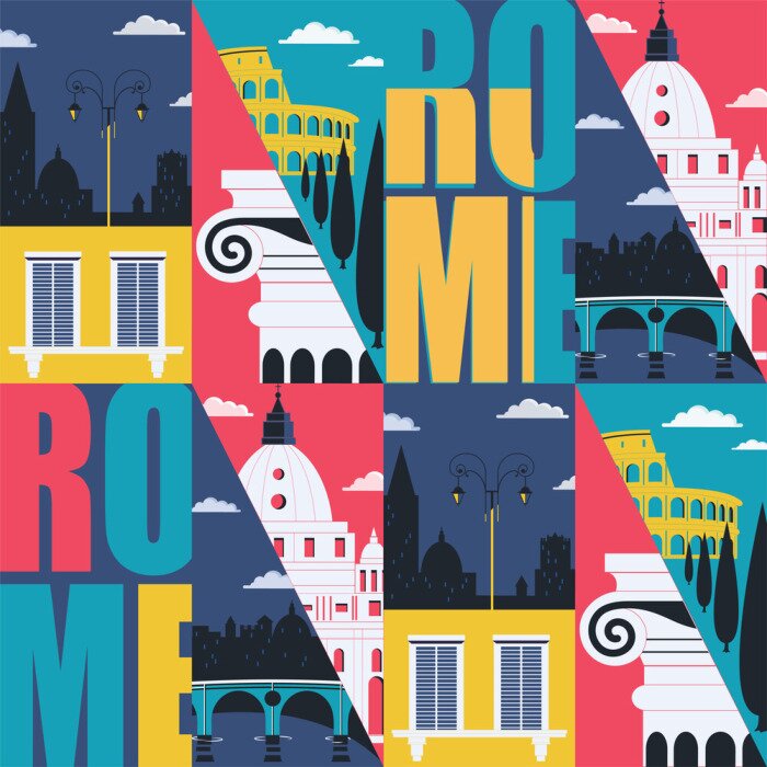 Papier peint  Rome, Italy vector seamless pattern. Cityscape, historical landmarks