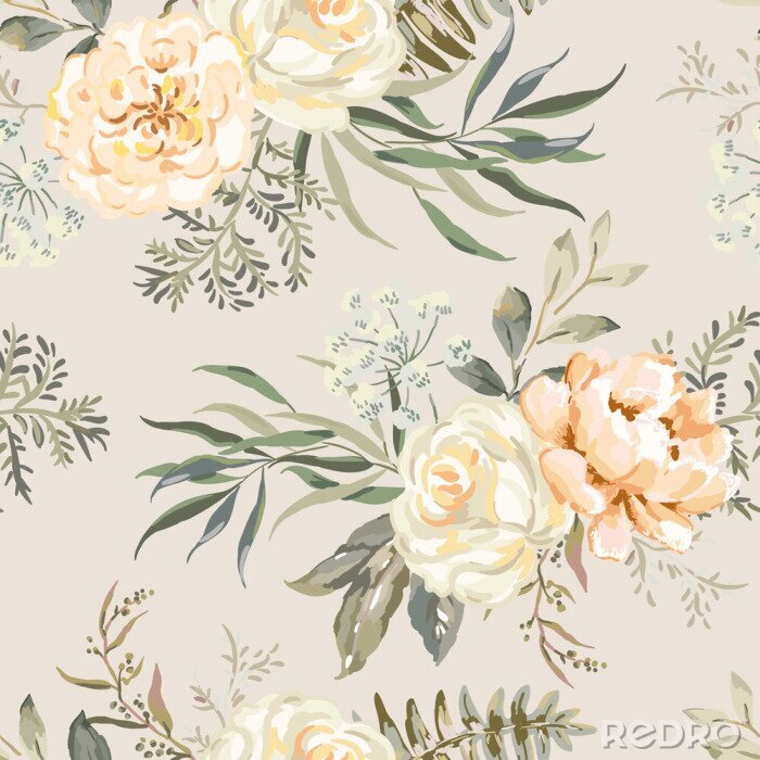Papier peint  Rose, peony flowers with leaves bouquets, beige background. Floral illustration. Vector seamless pattern. Botanical design. Nature summer plants. Romantic wedding