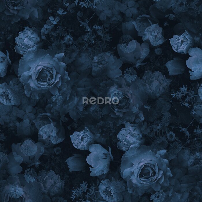 Papier peint  Roses and garden flowers. Floral vintage seamless pattern. Navy blue color.