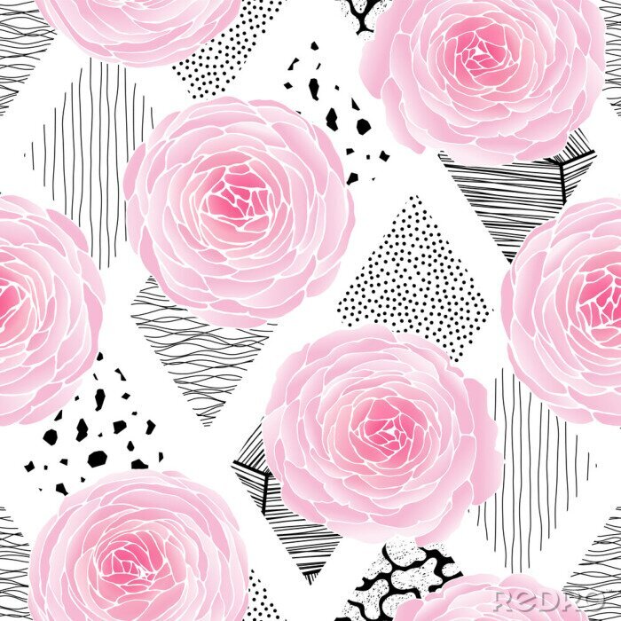 Papier peint  Roses anglaises et diamants noirs et blancs