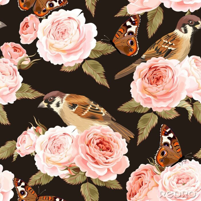 Papier peint  Roses anglaises petits oiseaux et papillons
