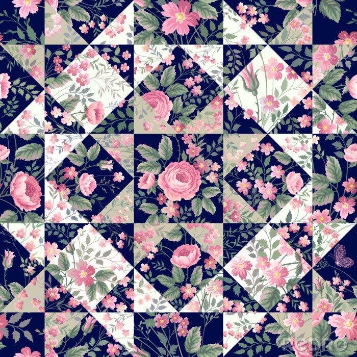 Papier peint  Roses anglaises sur le graphique de fond de patchwork