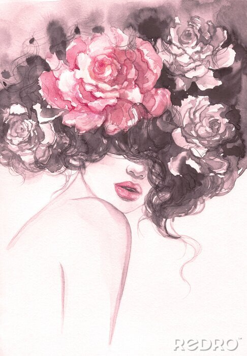 Papier peint  Roses aquarelles sensuelles dans les cheveux