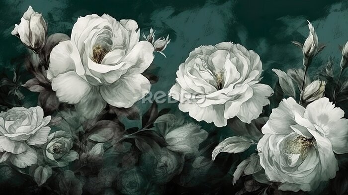 Papier peint  Roses blanches sur fond vert foncé