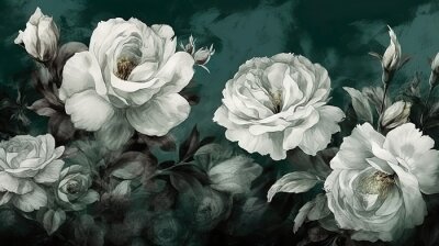 Papier peint  Roses blanches sur fond vert foncé