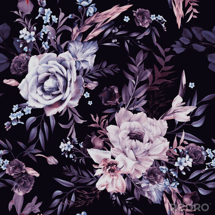 Papier peint  Roses et brindilles avec feuilles sur fond sombre