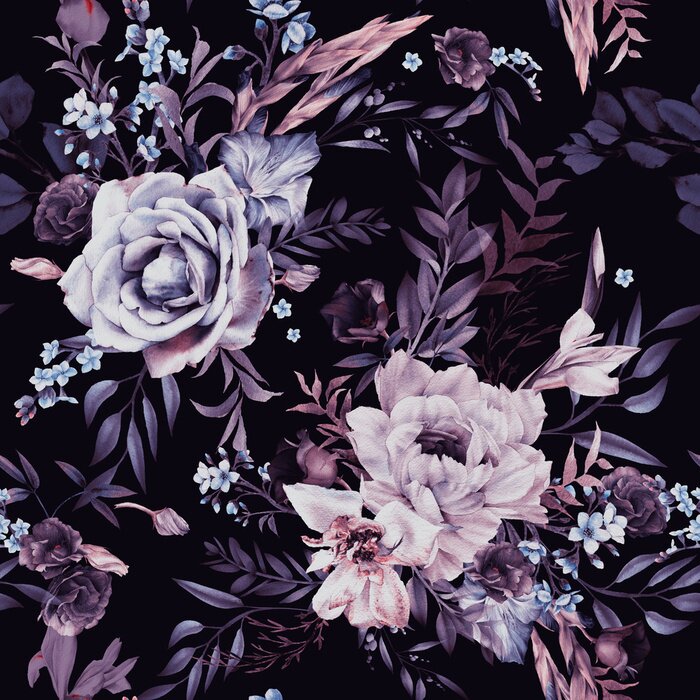 Papier peint  Roses et brindilles avec feuilles sur fond sombre