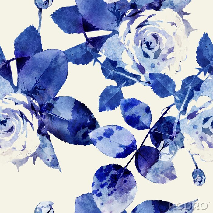 Papier peint  Roses et feuilles aux tonalités bleues