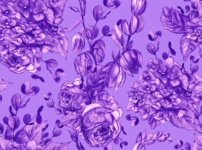 Papier peint  Roses violettes et hortensias
