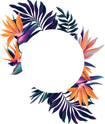 Papier peint  Round tropical frame with watercolor bright strelitzia flowers and deep blue palm leaves
