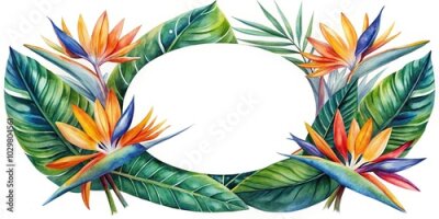 Papier peint  Round tropical frame with watercolor bright strelitzia flowers and deep blue palm leaves Tilted Angle