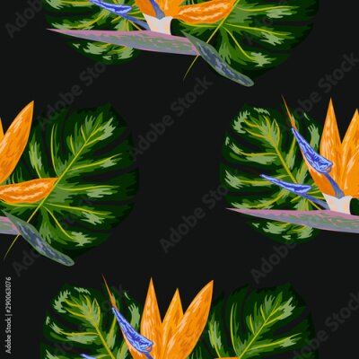 Papier peint  Royal Strelitzia. Tropical flowers, bird of paradise flower. Beautiful seamless floral jungle pattern background, exotic print