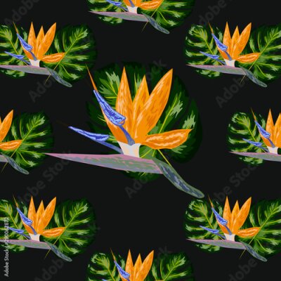 Papier peint  Royal Strelitzia. Tropical flowers, bird of paradise flower. Beautiful seamless floral jungle pattern background, exotic print