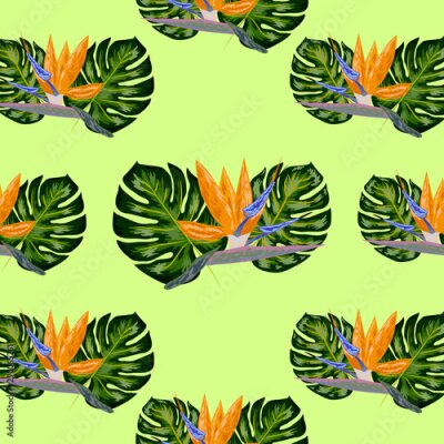 Papier peint  Royal Strelitzia. Tropical flowers, bird of paradise flower. Beautiful seamless floral jungle pattern background, exotic print
