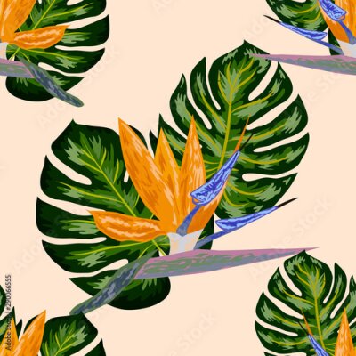 Papier peint  Royal Strelitzia. Tropical flowers, bird of paradise flower. Beautiful seamless floral jungle pattern background, exotic print
