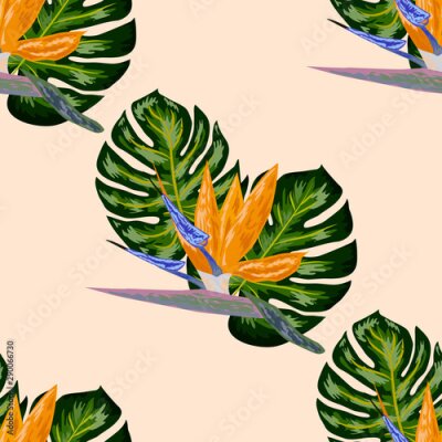 Papier peint  Royal Strelitzia. Tropical flowers, bird of paradise flower. Beautiful seamless floral jungle pattern background, exotic print