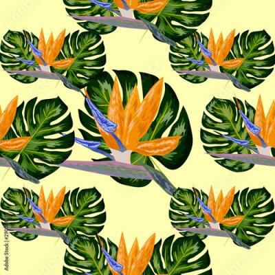 Papier peint  Royal Strelitzia. Tropical flowers, bird of paradise flower. Beautiful seamless floral jungle pattern background, exotic print