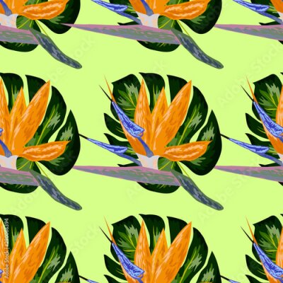 Papier peint  Royal Strelitzia. Tropical flowers, bird of paradise flower. Beautiful seamless floral jungle pattern background, exotic print