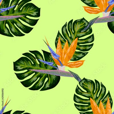 Papier peint  Royal Strelitzia. Tropical flowers, bird of paradise flower. Beautiful seamless floral jungle pattern background, exotic print