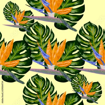 Papier peint  Royal Strelitzia. Tropical flowers, bird of paradise flower. Beautiful seamless floral jungle pattern background, exotic print