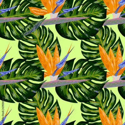 Papier peint  Royal Strelitzia. Tropical flowers, bird of paradise flower. Beautiful seamless floral jungle pattern background, exotic print