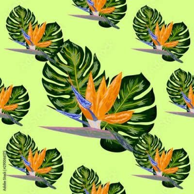 Papier peint  Royal Strelitzia. Tropical flowers, bird of paradise flower. Beautiful seamless floral jungle pattern background, exotic print