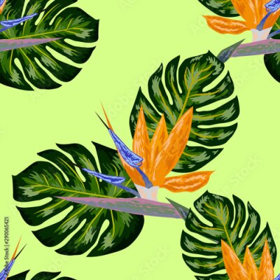 Papier peint  Royal Strelitzia. Tropical flowers, bird of paradise flower. Beautiful seamless floral jungle pattern background, exotic print