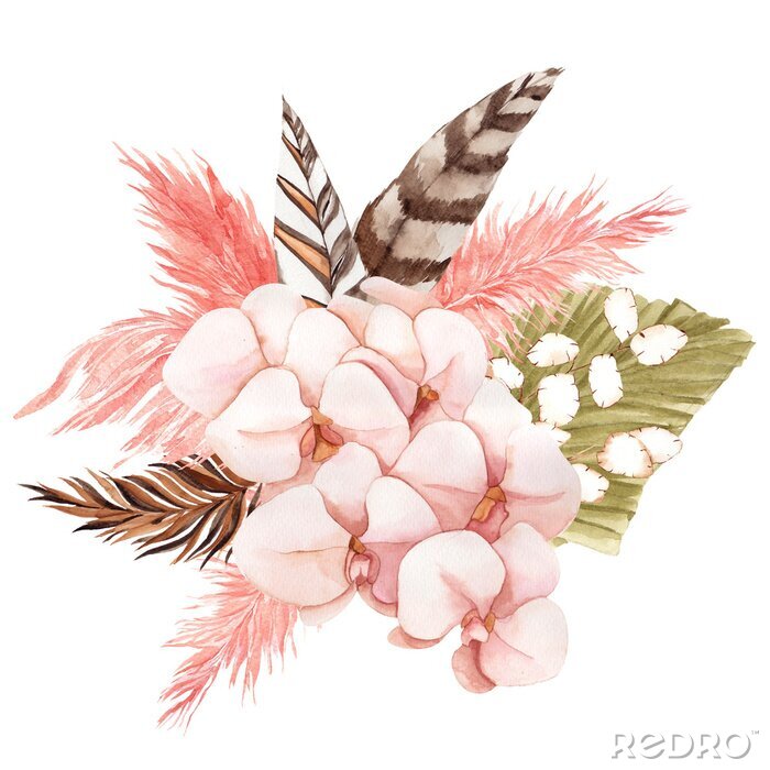 Papier peint  Roze orchidee en boho-veren