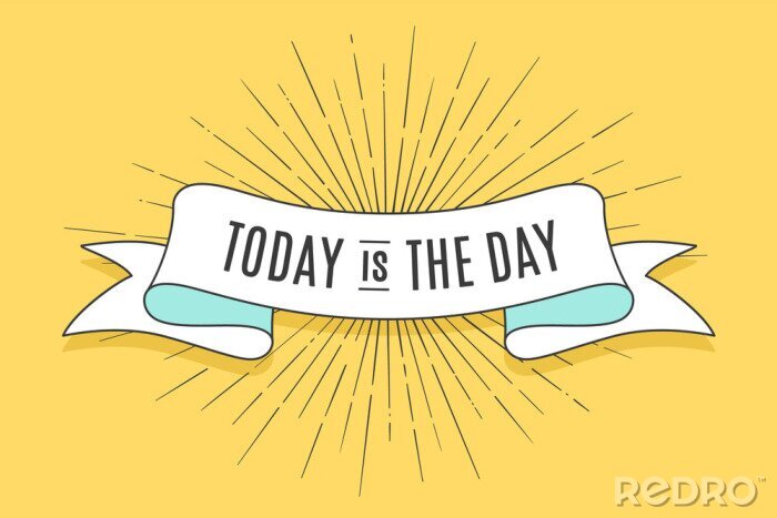 Papier peint  Ruban à la mode vintage avec texte Aujourd'hui est le jour et le dessin linéaire des rayons du soleil. Bannière ancienne colorée avec ruban, élément dessiné à la main pour la conception - bannières, a
