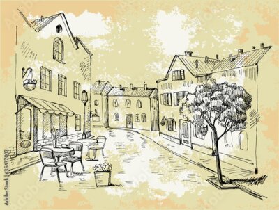 Papier peint  Rue dessinée avec un café et un arbre