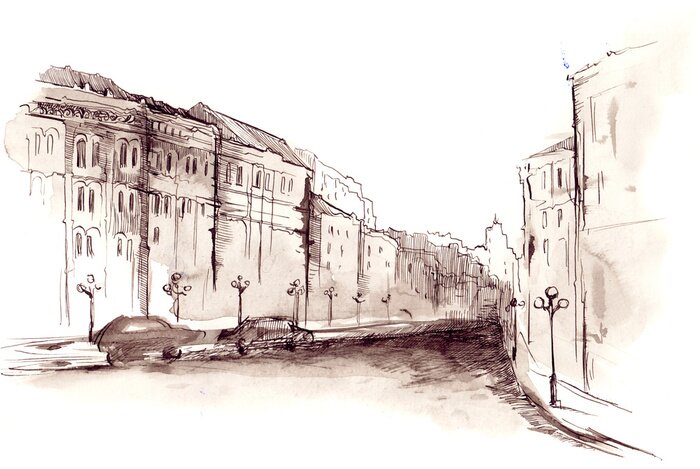 Papier peint  Rue peinte à l'aquarelle