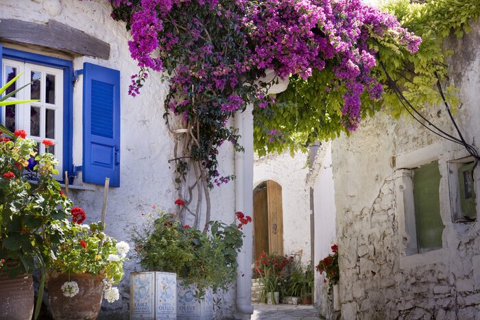 Papier peint  Ruelle blanche aux accents colorés