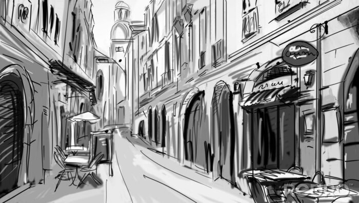 Papier peint  Ruelle en noir et blanc et restaurants