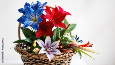 Papier peint  Rustic Elegance: Blue, Red, and Silver Polemonium with Hoya and Strelitzia in a Twig Basket