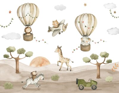 Papier peint  Safari Animals Baby Watercolor Illustration with lion, zebra, giraffe, monkey and elephant in hot air balloons