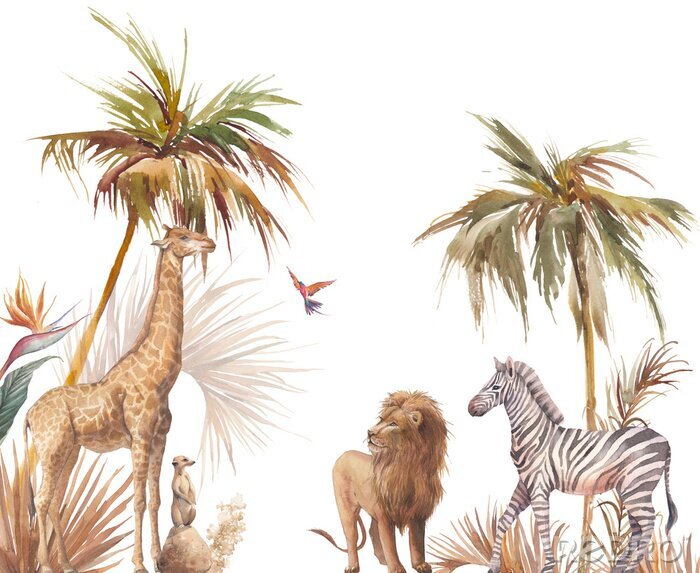 Papier peint  Safari wildlife wallpaper. Illustration with zebra, lion and giraffe. Watercolor animal and jungle flora on white background.