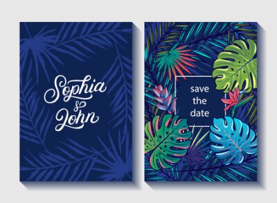 Papier peint  Sauvez l'invitation d'invitation de mariage de date. Conception de cartes tropicales florales. Feuilles de palmier, monstera, fleurs de strelitzia. Modèle botanique naturel. Illustration vectorielle