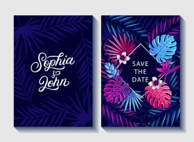 Papier peint  Sauvez l'invitation d'invitation de mariage de date. Conception de cartes tropicales florales. Feuilles de palmier, monstera, hibiscus, fleurs de strelitzia. Modèle botanique naturel. Illustration vec
