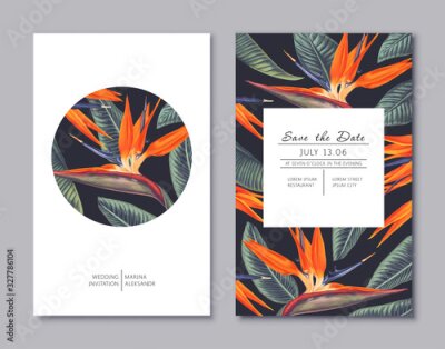 Papier peint  Save the Date card set with botanical design in realistic style. Wedding or party invitation template with tropical flowers - Strelitzia, South African plant, called crane flower or bird of paradise. 