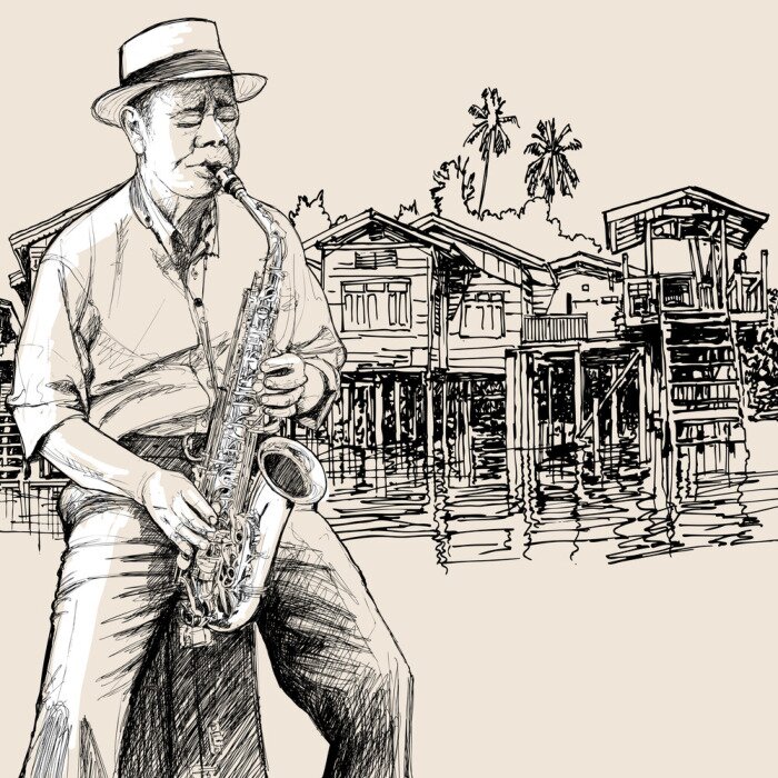 Papier peint  Saxophoniste sur fond de ville