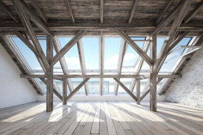 Papier peint  Scandinavian attic interior with wooden beam roof construction and wooden floor