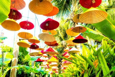 Papier peint  Scenery of Vietnamese hats hanging in the sky in the garden with strelitzias and banana palms