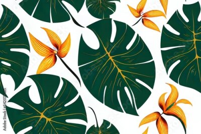 Papier peint  Seamless abstract pattern with tropical exotic monstera and palm leaves. Beautiful strelitzia flowers. Artistic ornament for fabric, wallpaper, posters. 2d illustrated graphics.