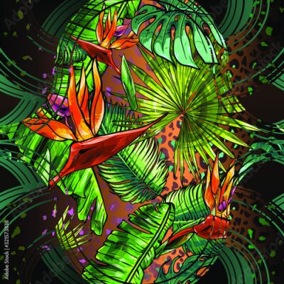 Papier peint  Seamless abstract texture on the theme of the tropics, jungle from palm leaves, monstera, banana leaves, strelitzia and heliconia flowers.