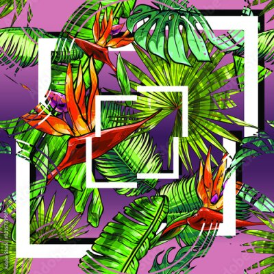 Papier peint  Seamless abstract texture on the theme of the tropics, jungle from palm leaves, monstera, banana leaves, strelitzia and heliconia flowers.